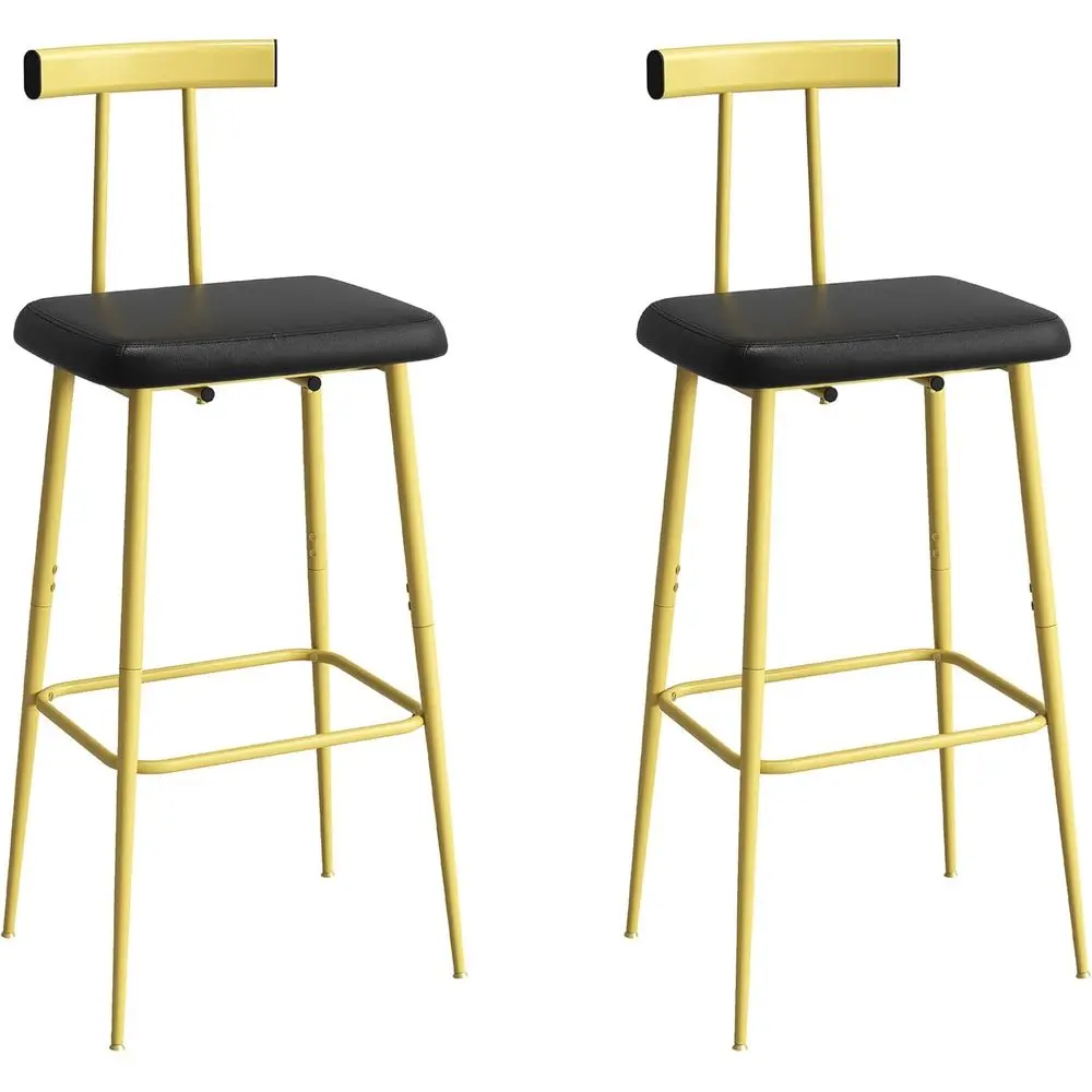 Pair of Counter Height Bar Stools with Backrest, Footrest, and PU Leather Cushion, Gold Industrial Style for Kitchen, Dining, Ba