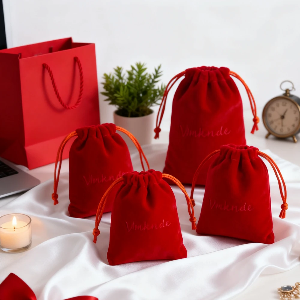 

100pcs Red Velvet Jewelry Gift Bags Personalised Logo Wedding Party Favors Candy Earrings Goodie Bag Packaging Organizer Pouch