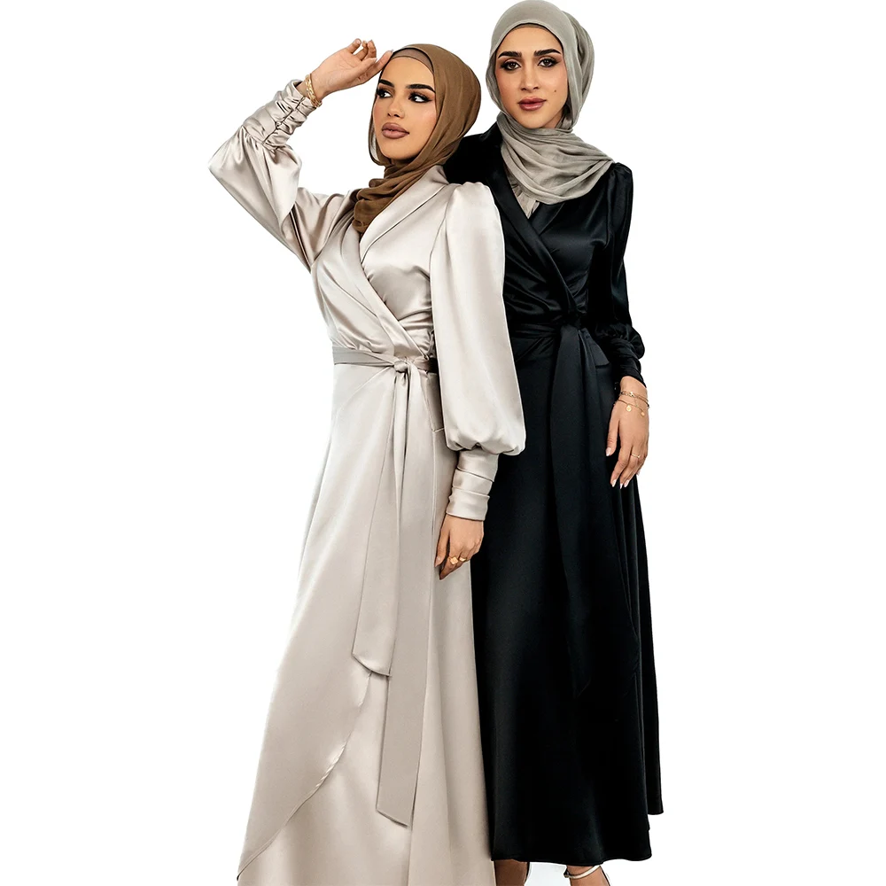 Dubai Special Occasion Dresses Satin A-line Prom Gown Light Brown V-neck Sashes Lantern Sleeve Evening Dress Maxi 2024