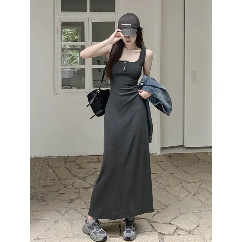 

Strap vest women's plus size dress square neck skirt 2025 summer new slim fit sexy sleeveless long dress vestidos para mujer