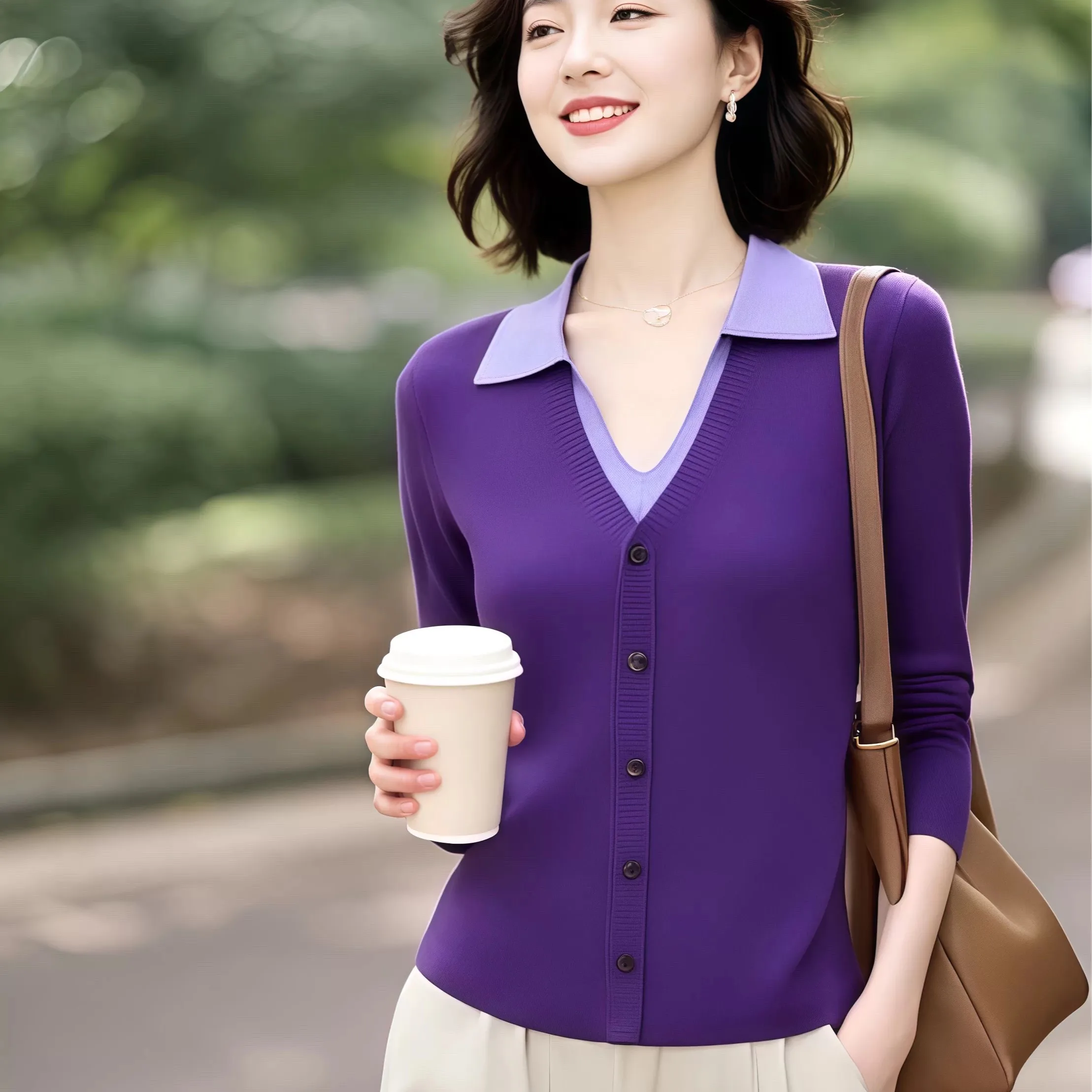 Faionable Knitted Apparels Fake Two-Piece Patchwork Color Blo Top Women's Premium Sweater Autumn Season Woolen 00%