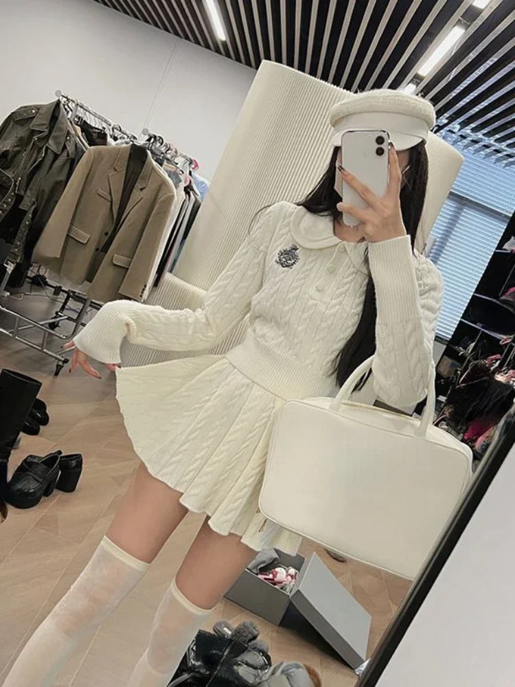 Mini jupe slim style preppy pour femme, vêtements moulants, swearter Kawaii, mode décontractée Y2k, ensemble 2 pièces, automne 2024