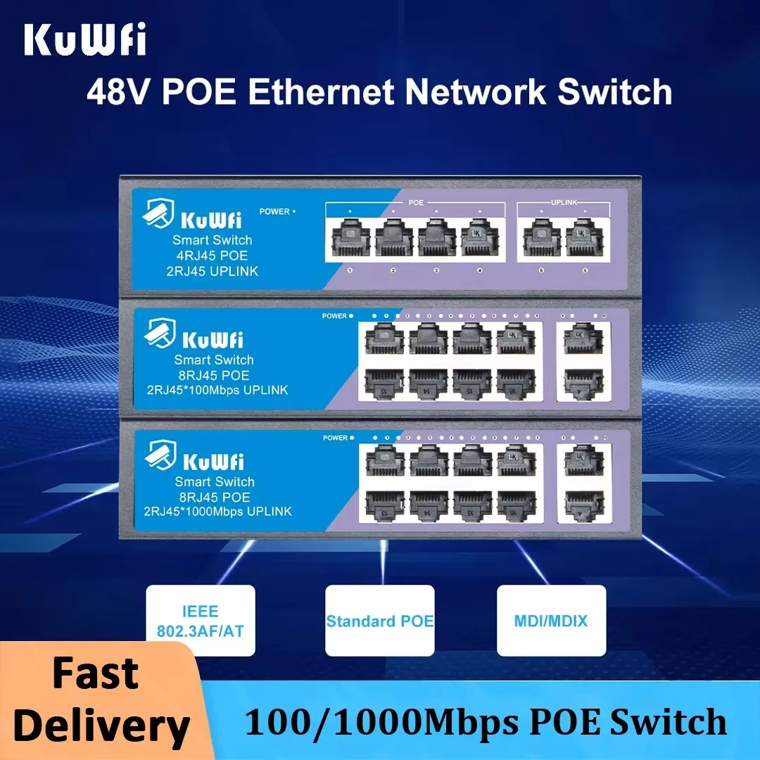 Przełącznik KuWFi POE 4/8 portów 100Mbps sieciowy przełącznik Ethernet z szybkim portem RJ45 POE i Uplink dla kamery IP/bezprzewodowego punktu dostępowego