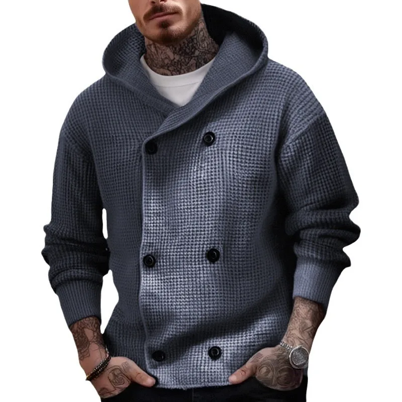 Men's Winter Autumn Style Sweater, Double Button Thick Hooded Knitted Coat,American Casual Cardigan