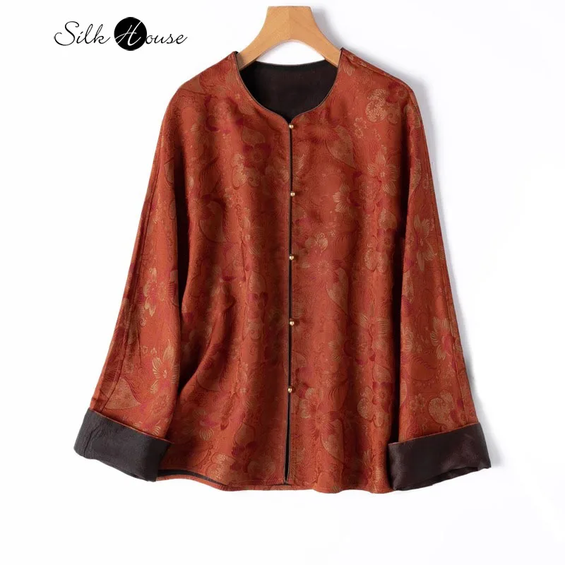 

Heavy 30MM 100% Natural Mulberry Silk Shu Brocade Gambiered Guangdong Gauze Two Sided Chinese Style Women's Fashion Cardigan