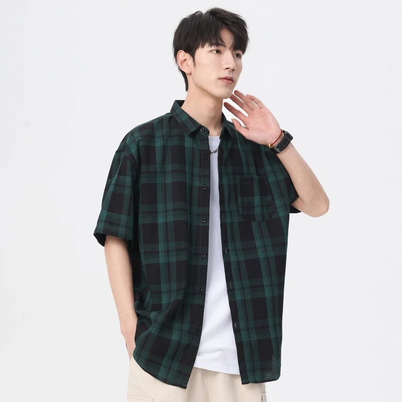 Summer Men Plaid Shirt Shirts New Fashion Chemise Homme Mens Checkered Shirts Short Sleeve Shirt Men Blouse Top Coat