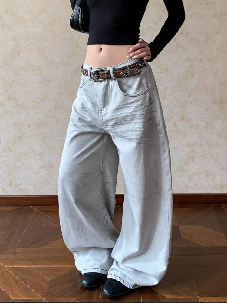 2025 American Retro Y2K Style Dirty Washed White Baggy Women's Jeans Pants For Woman Clothes Wide Leg Cotton Loose Long Trousers