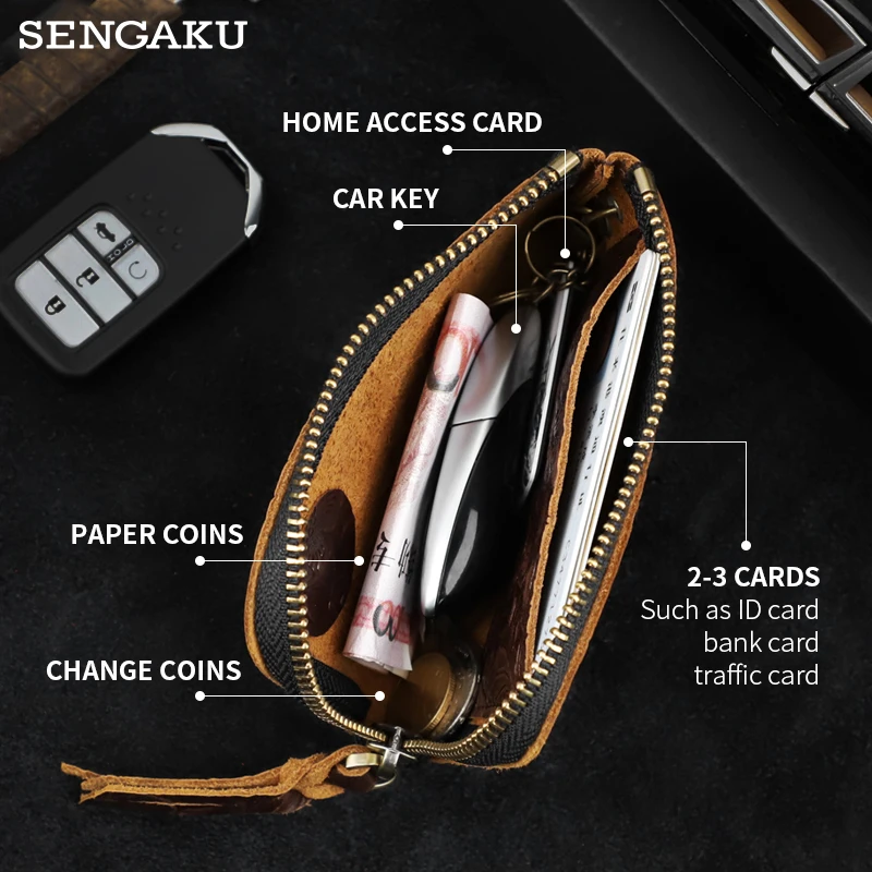 Real Leather Key Wallet for Men Vintage Genuine Leather Car Key Holder Zipper Coin Purse Card Slot Bag Keyring Keychain Purse