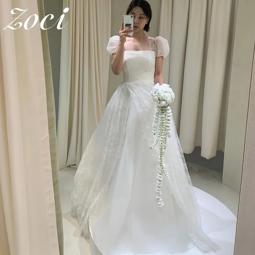 

Zoci A-line Tulle and Lace Wedding Dresses Puff Short Sleeves Customized Photos Shoot Dress Bridal Ball Gown