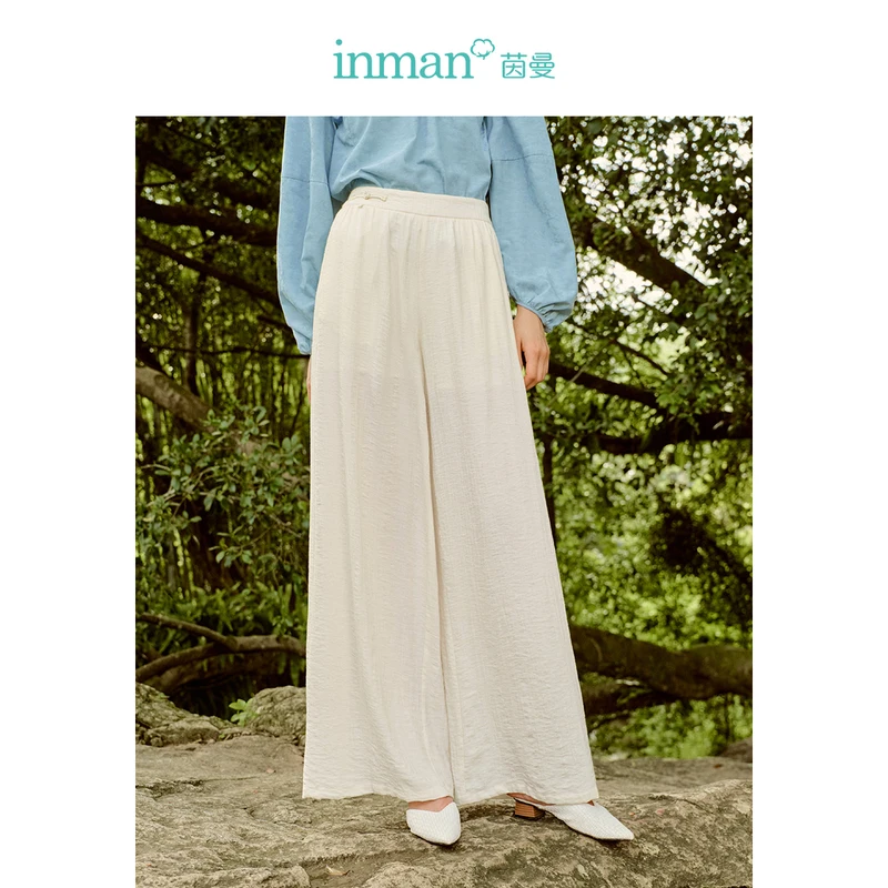 INMAN Women Pants 2023 Autumn Disc Buckle Waist Decoration Straight Loose Wide-leg Trousers Chinese Retro Apricot Casual Pant