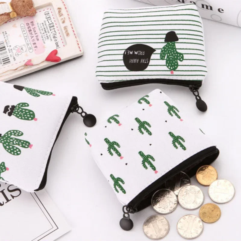 9*8.5cm Zipper Coin Bag for Keys ID Cardit Cards Badge Organizer Bag Canvas Cactus Earphone Data Cable Clutch Bag