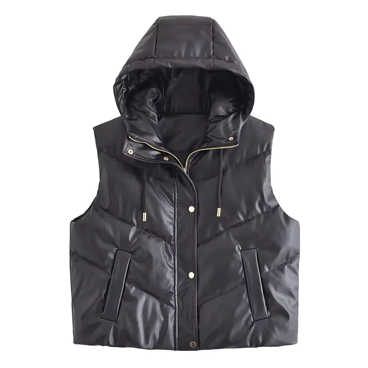 

Women's new fashion side pocket casual black faux leather hooded Cotton vest retro sleeveless button up women's vest chic top