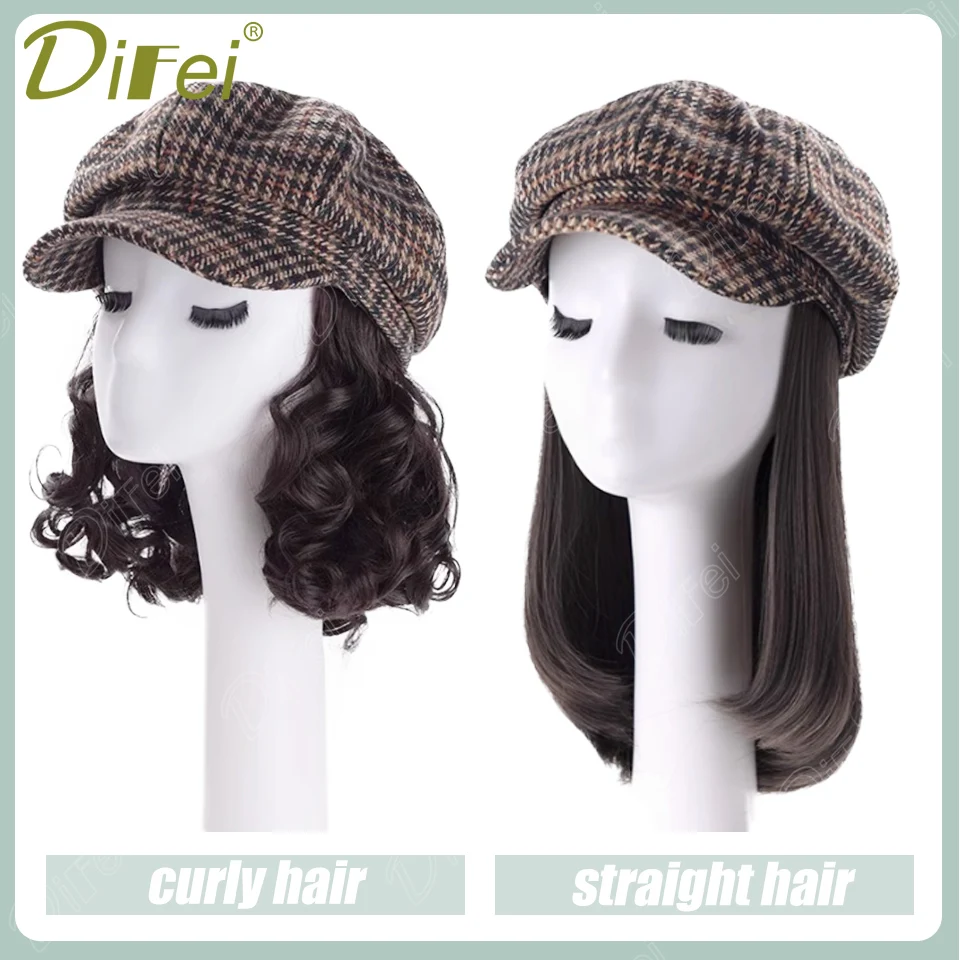 DIFEI Wig Hat One Female Synthetic Wig Retro Elegant Autumn And Winter Houndstooth Octagonal Hat Short Curly Wig