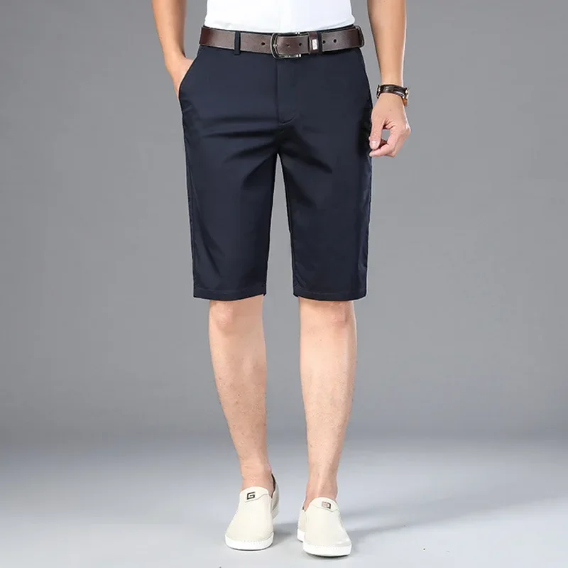 6 Color Casual Shorts Men 2025 Summer New Straight Elastic Business Fashion Thin Short Pants Male Brand Khaki Beige Black Navy