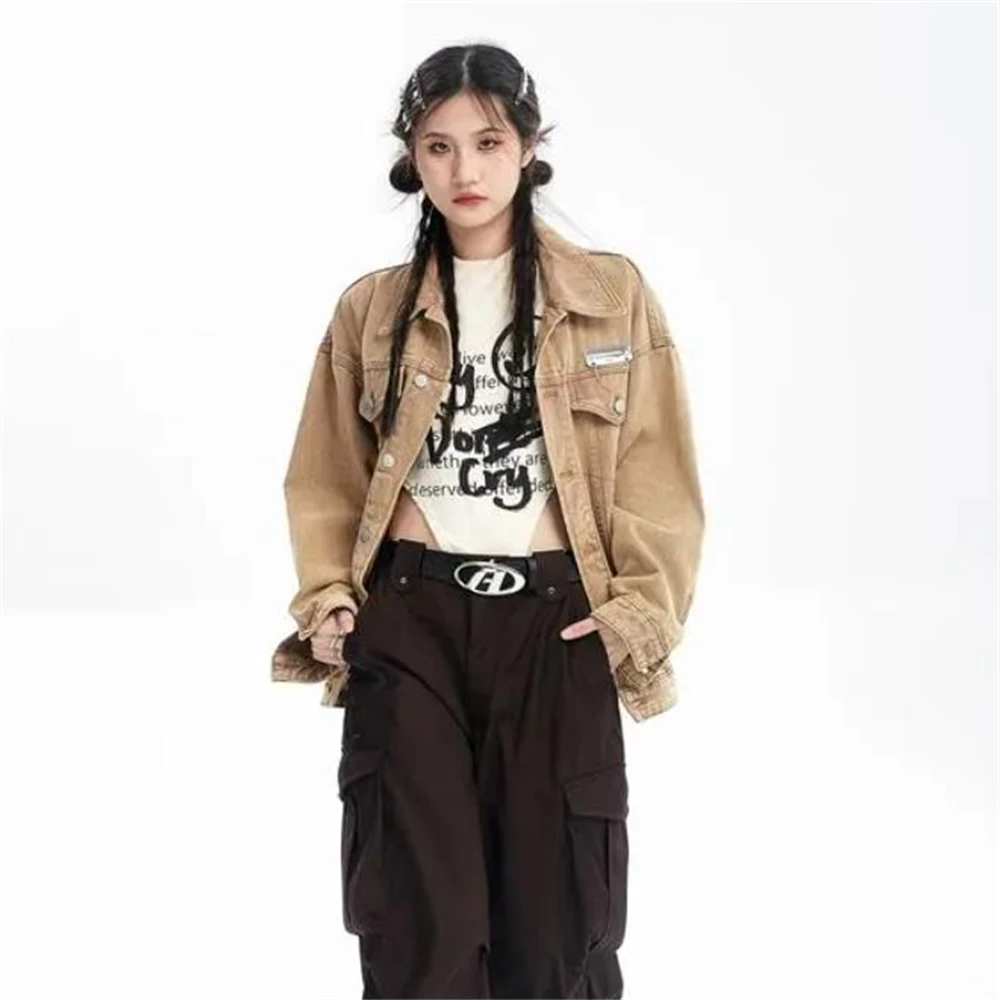 سترة كلاسيكية من قماش الدنيم بحافة خام للإناث ملابس خارجية فضفاضة بنمط منفذ هاراجوكو قسم رفيع سترة علوية للربيع والخريف #4