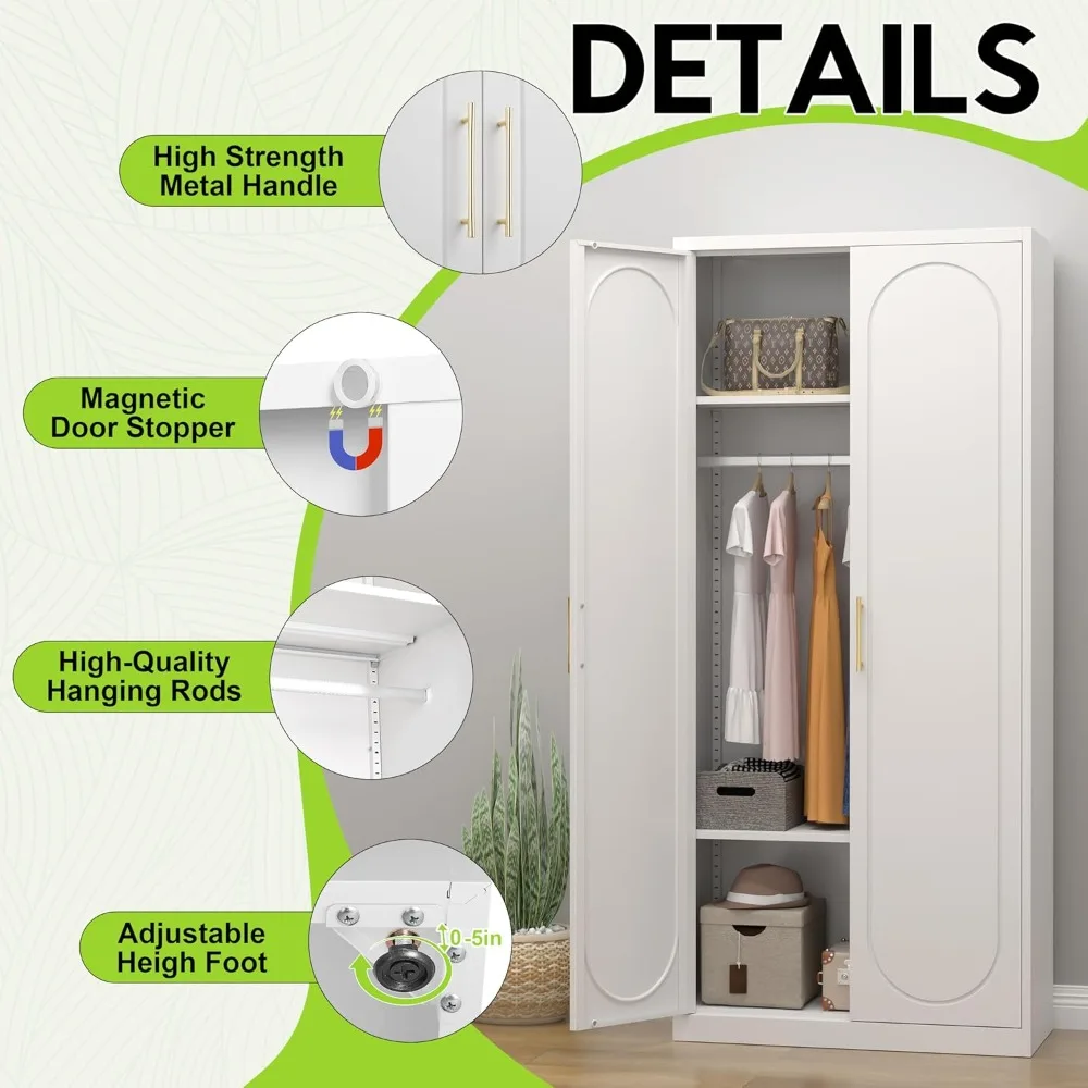 

Wardrobe Closet with Doors, 71'' Wardrobe Cabinet with Hanging Rod, Metal Closet with 2 Adjustable Shelves for Bedroom