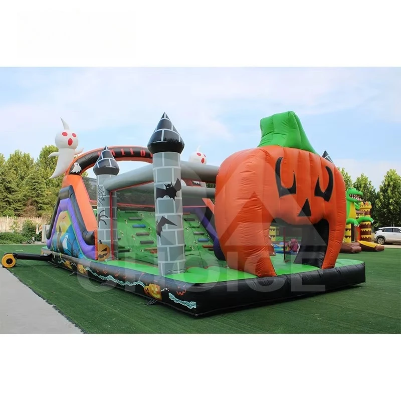 Spooky Pumpkin Ghost Inflatable Bouncer Slide Halloween Jumping Castle With Obstacle Course for Kids Outdoor Party