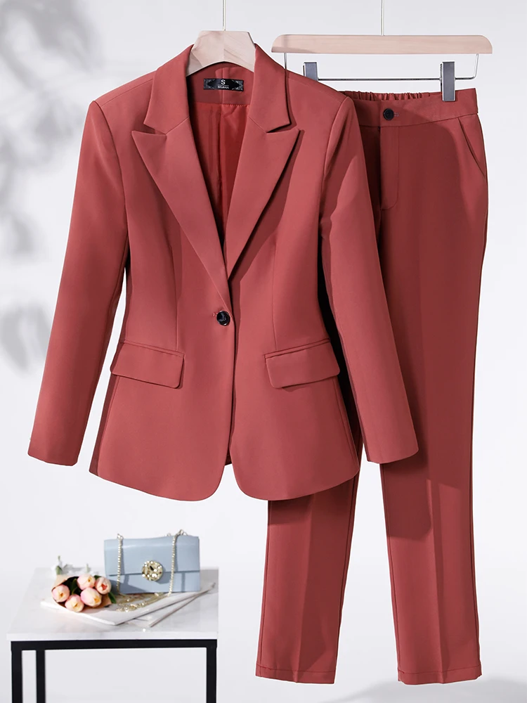 Women 2 Piece Set Formal Pant Suit Coffee Red Black Blue Blazer Jacket And Trouser For Office Ladies Business Work Wear