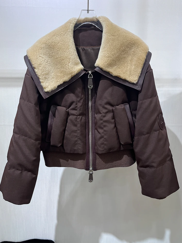 Abrigo cálido de invierno con cuello de piel de oveja merina Natural, chaquetas de plumas de ganso para mujer, abrigo grueso, prendas de vestir para mujer, chaquetas acolchadas