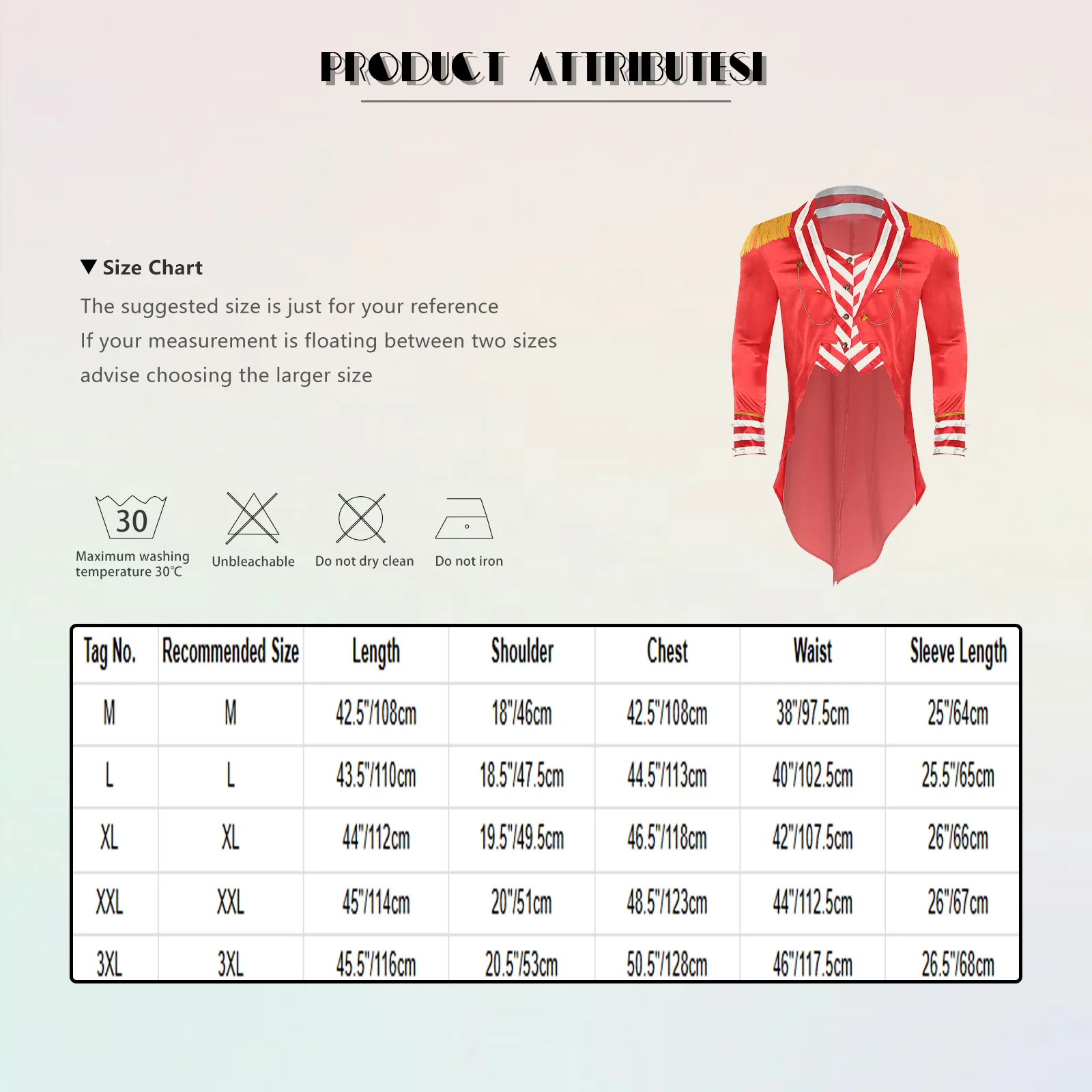 

Men Circus Ringmaster Showman Costume Halloween Lion Tamer Tailcoat Lapel Collar Long Sleeve Swallow-tailed Coat Jacket