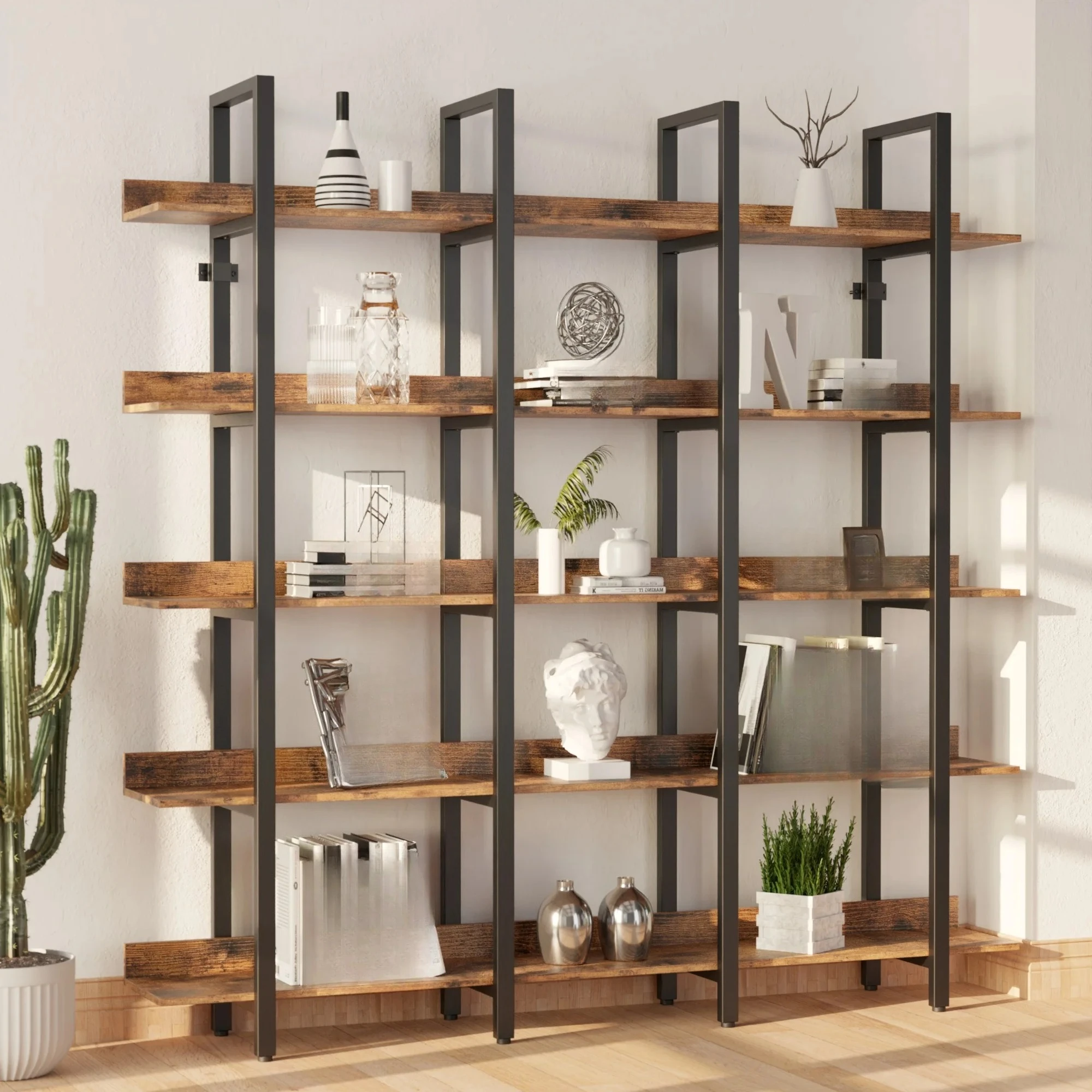 

Bookcase and Bookshelves Triple Wide 5 Tiers Large Open Shelves, Etagere Bookcases with Back Fence for Home Office Brown