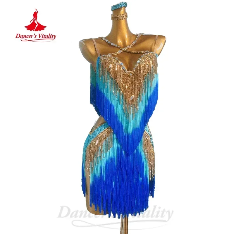 Latin Dance Dresses Customized Luxury Rhinestone Gradient Tassel Dress Adults and Children Tango Samba Rumba Competition Outfit