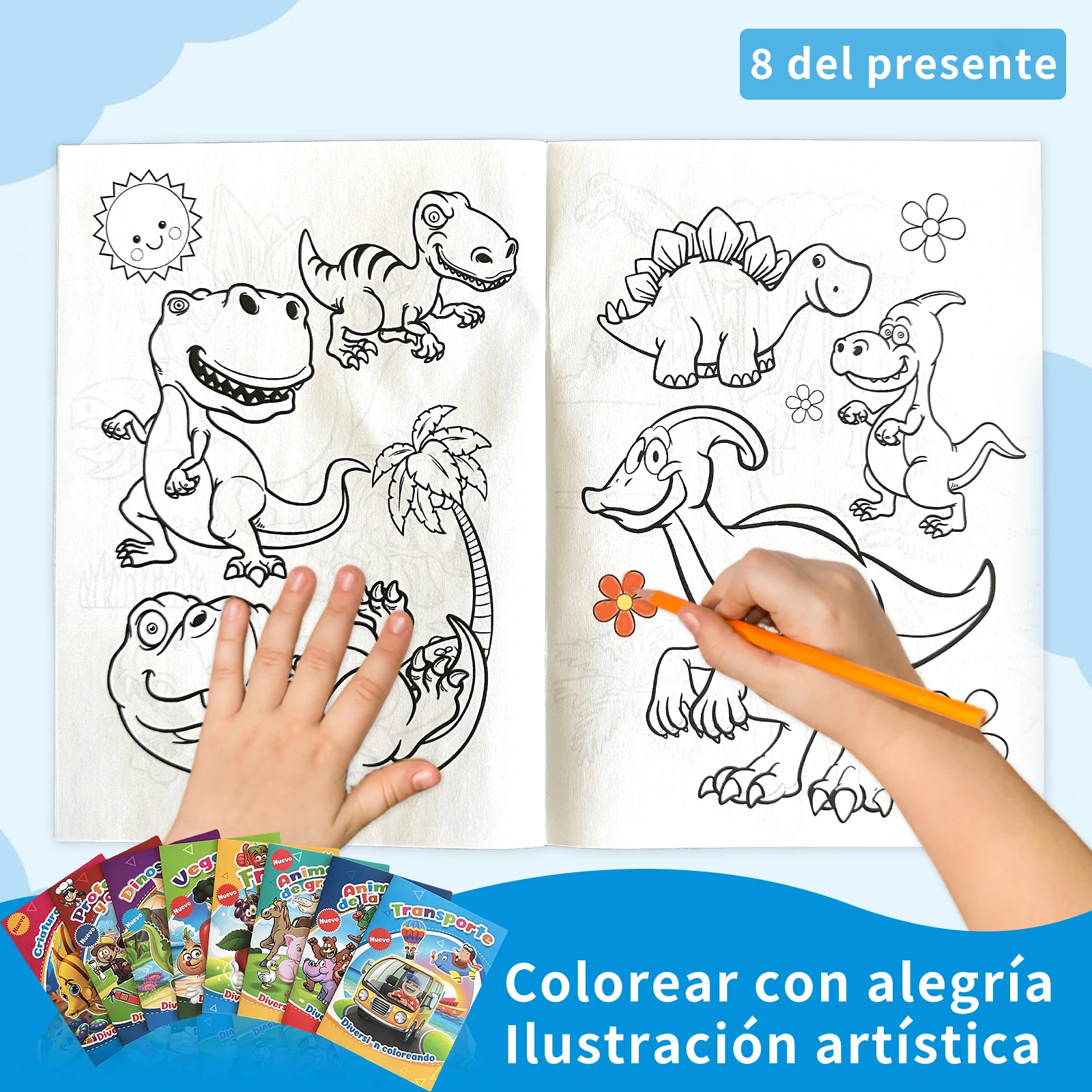 8 Children's Coloring Books, Ages 4-8, Cute Illustrations, Stickers, Early Learning Painting, Educational Gift