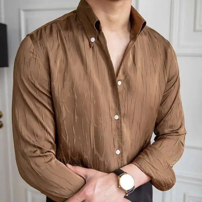 

2023 Solid Color Simple Long Sleeve Shirt Pleated Slim No Iron Shirt Men Camisa Hombre Shirt Fashion Business Formal Dress Shirt