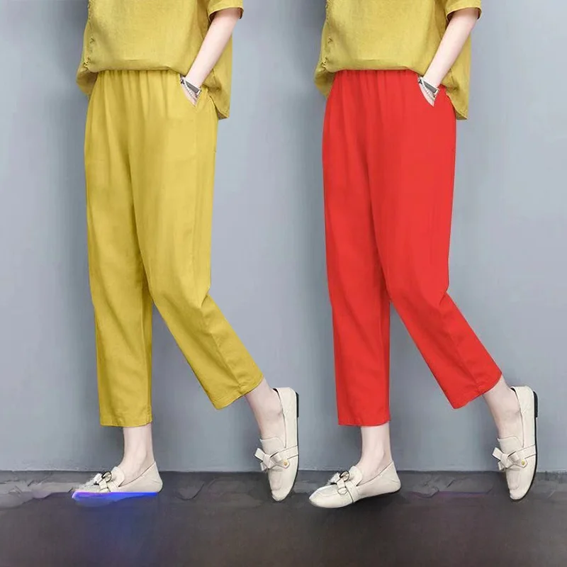 Pure Cotton Straight Leg Harlan Pants Women's Summer Thin Casual Pants Nine Points Match All Loose Style Casual Trousers