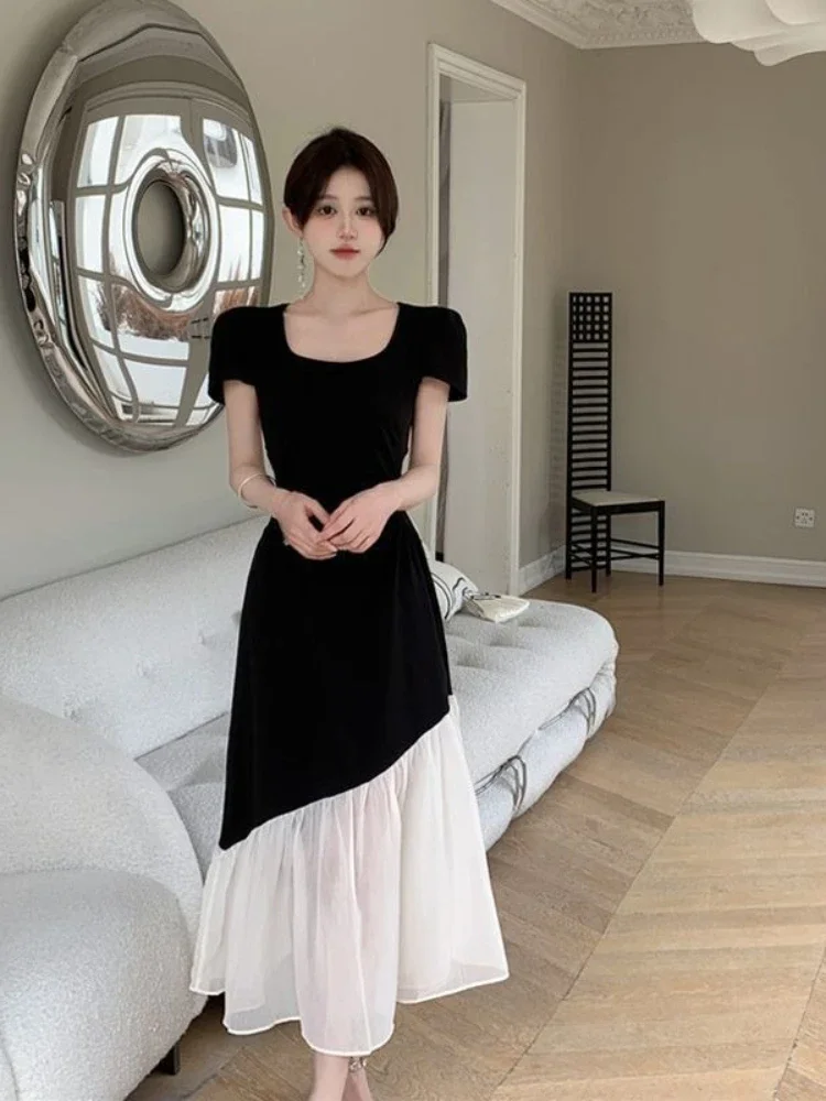 فستان نسائي طويل ماكسي بأكمام قصيرة فساتين نسائية على الطراز الكوري مصمم ريترو Kpop ملابس شبابية غير رسمية على شكل حرف A أنيقة للحفلات