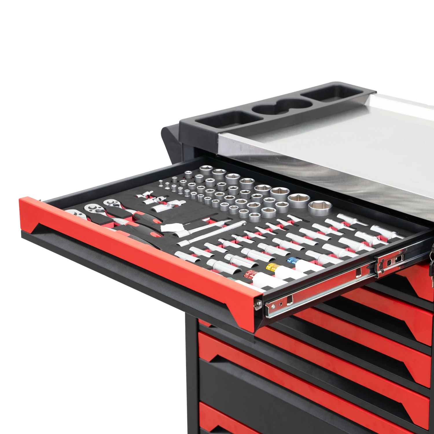 صندوق أدوات فولاذي أحمر قابل للقفل مكون من سبعة أدراج مكون من 258 قطعة مجموعة أدوات حديد شديدة التحمل مع باب لمتجر إصلاح السيارات ودعم OEM