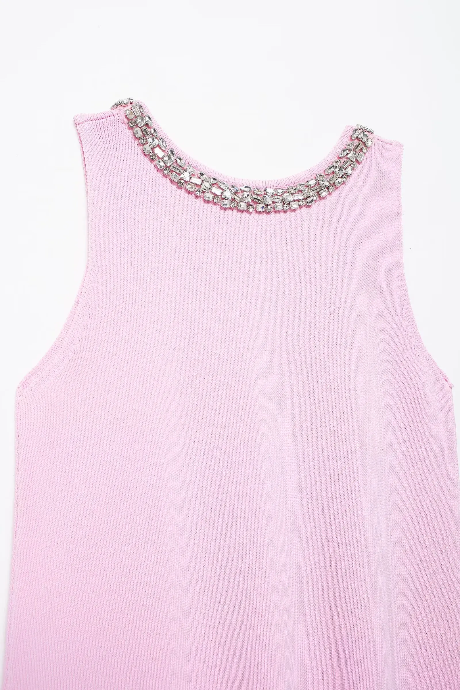 Tangada 2024 Women Pearl Pink Knitted Tank Dress Sleeveless Female Mini Dresses 3h0584