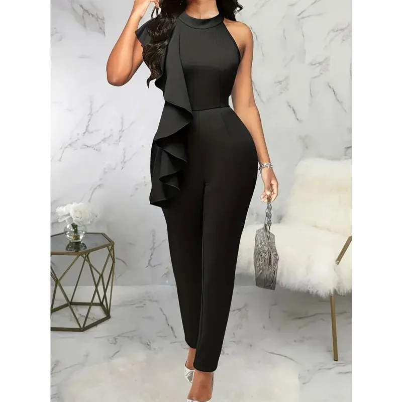 European and American Autumn New Fashion Women's Sleeveless Halter Neck Slim Fit Ruffle Jumpsuit