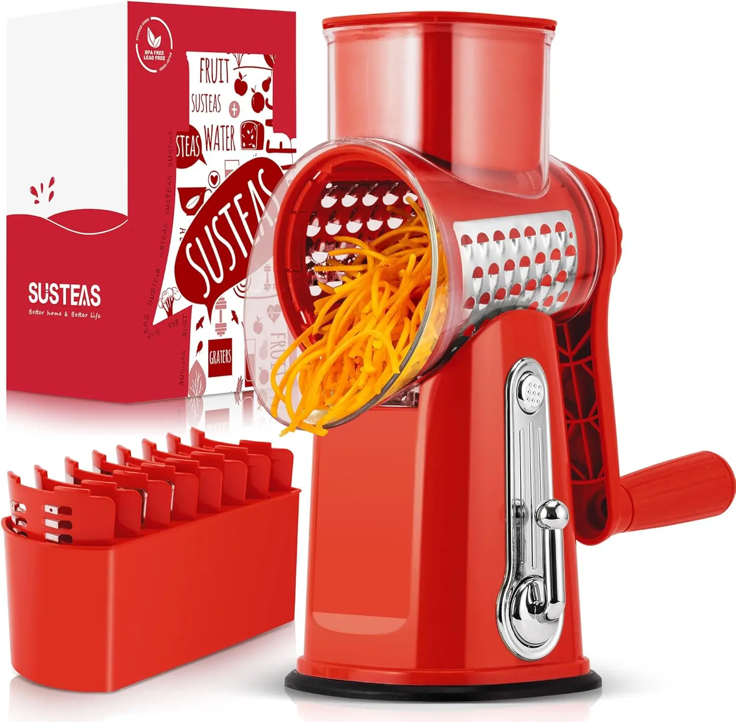 

Rotary Cheese Grater with Handle - Vegetable Shredder with 5 Well-designed Blades & Strong Suction Base,Round Mandoline