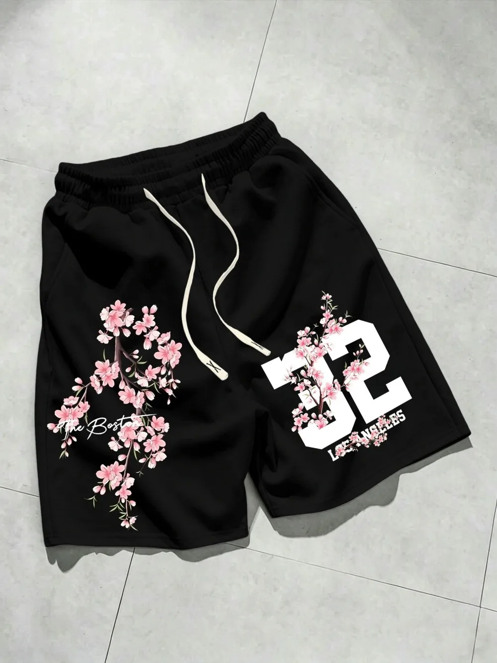 New American men's summer cherry blossom branch Boston letter print soft and breathable drawstring shorts outdoor casual pants