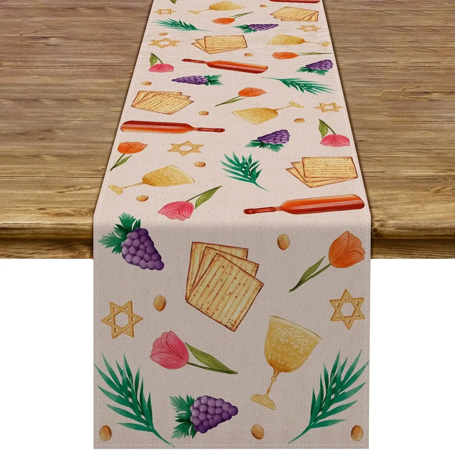 Happy Passover Linen Table Runner Holiday Party Decor Jewish Pesach Fruits Biscuits Flowers Table Runners for Dining Table Decor