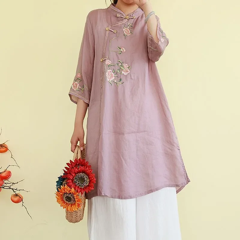 

New Chinese Style Tang Suit Plate Button Tea Art Retro Shirt Mid-length Embroidered Three-quarter Sleeve Stand-up Collar Top