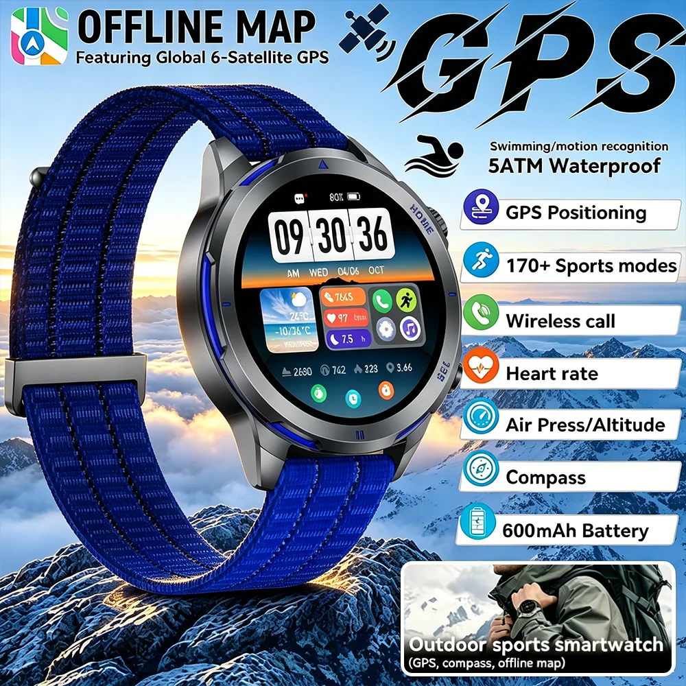2026NEW 1.43 AMOLED Military GPS Smartwatch Offline Map GPS Navigation Music player Swim Sports Trackr 600mAh Battery SmartWatch