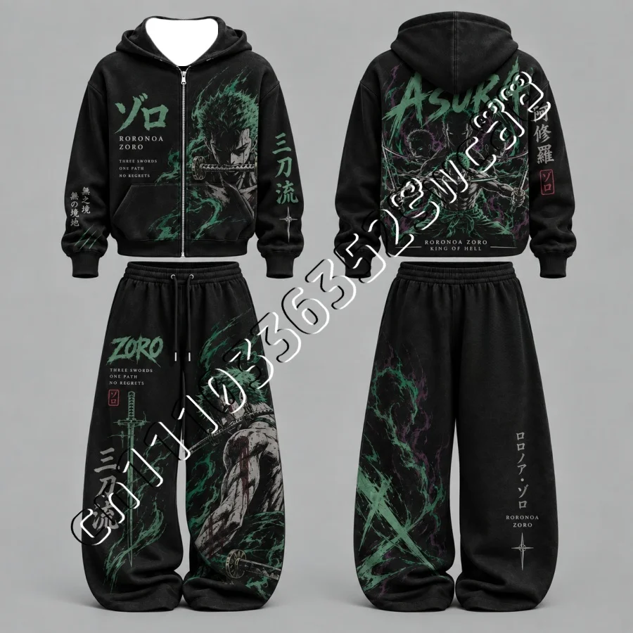 26/27 Neues One Piece Luffy & Zoro Zip-Up Hoodie-Set, Herbst-Winter, trendiges Unisex-Street-Fashion-2-Teiler-Outfit, passend für die ganze Familie – Detail 8