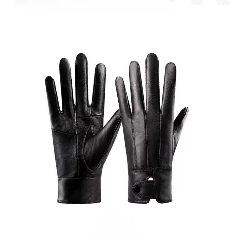 Unisex Genuine Leather Gloves Autumn and Winter Sheepskin Combination Leather Warm and Velvet Fashion Business Gloves