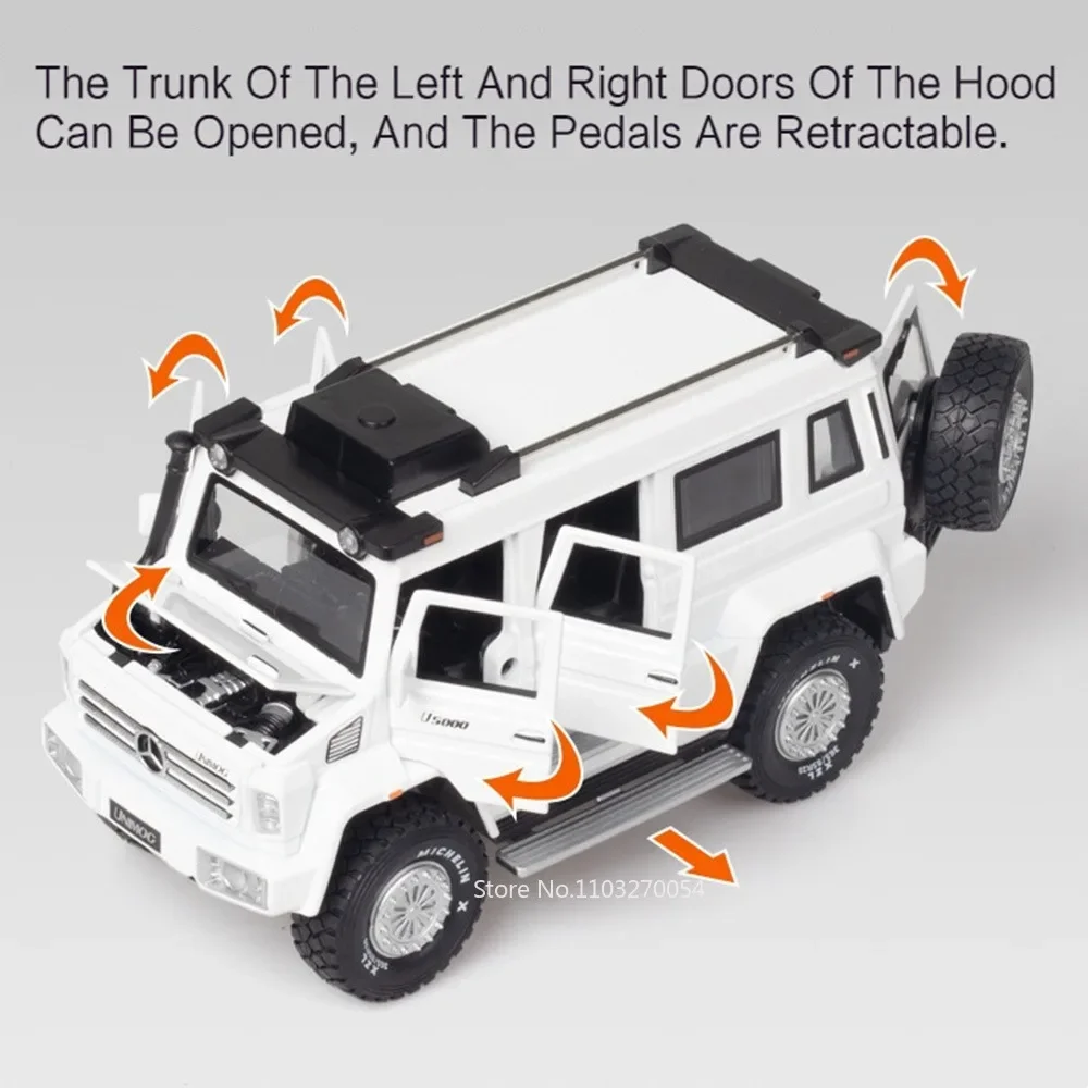 1:28 UNIMOG U5000 SUV X-Class 6X6 Giocattolo Modello di Auto Pressofuso In Lega di Veicoli Porte Aperta Suono Luce Tirare Indietro Oggetti Da Collezione Decorazione