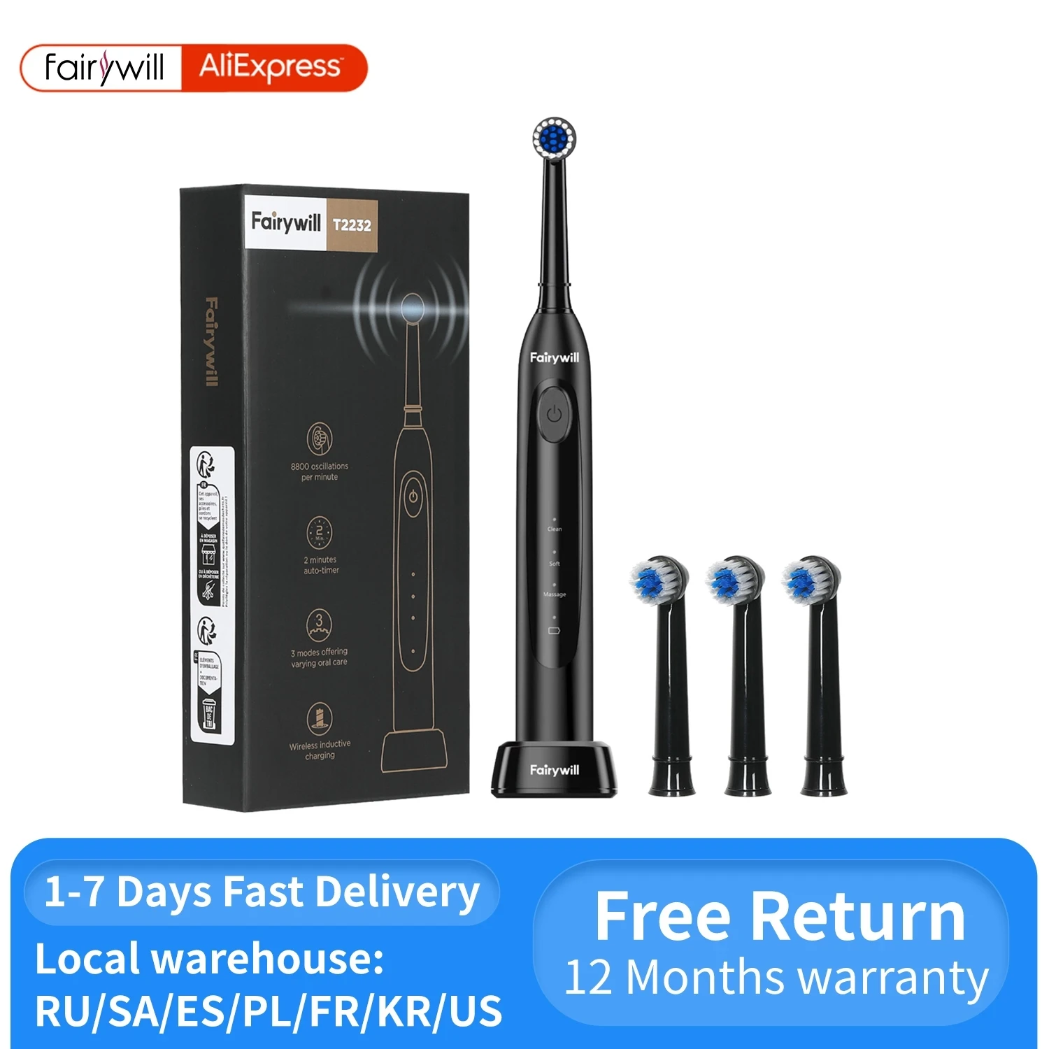 

Fairywill Electric Toothbrush T2232 Powerful Rotation Cleaning 4 Replacement Heads Rechargeable Sonic Toothbrush for Adults