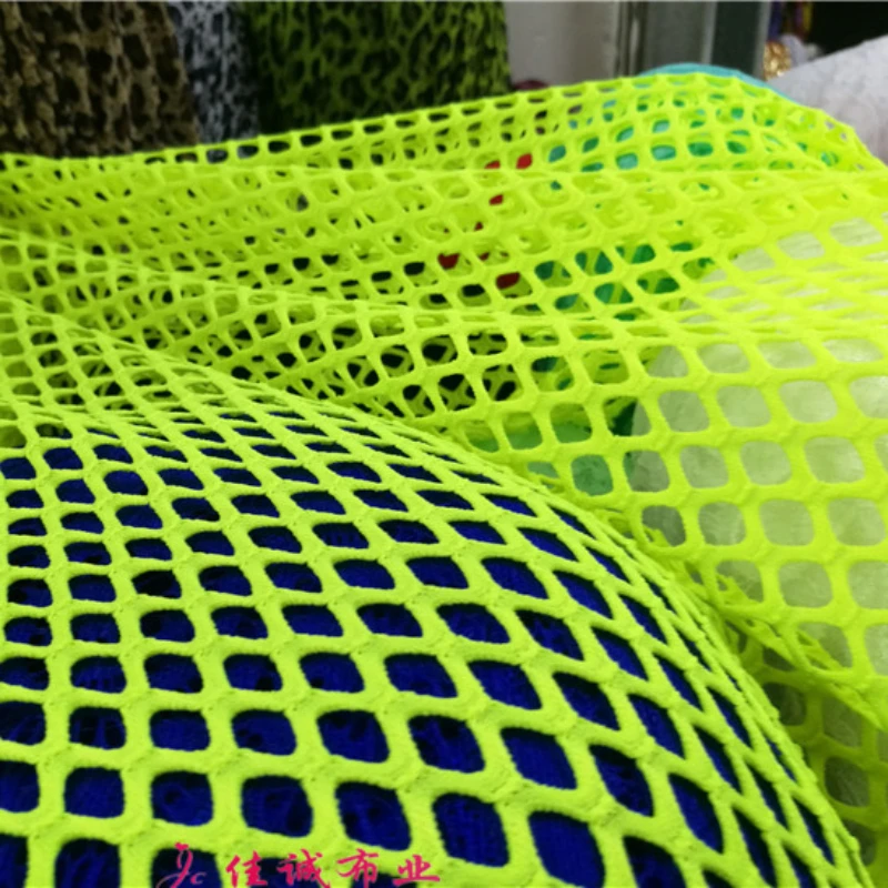 YLM Fluorescent Yellow Square Elastic Large Mesh Hollow Mesh Fabric Latin Dance Clothes DIY Splicing Fabric