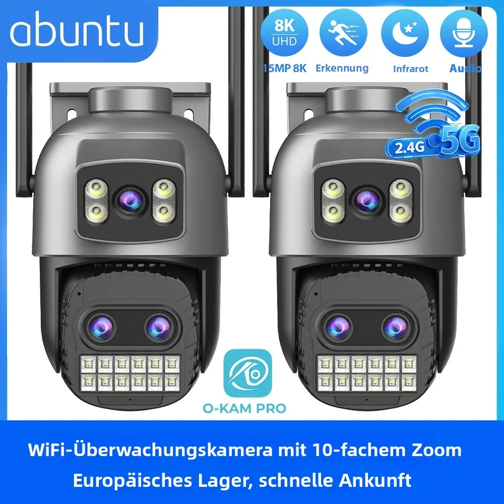 2 Stück 15MP 8K WLAN-Sicherheitskamera 2,4G/5G Dual-Band Dual-Bildschirme 10-fach Zoom CCTV-Überwachungskamera Nachtsicht Menschenerkennung