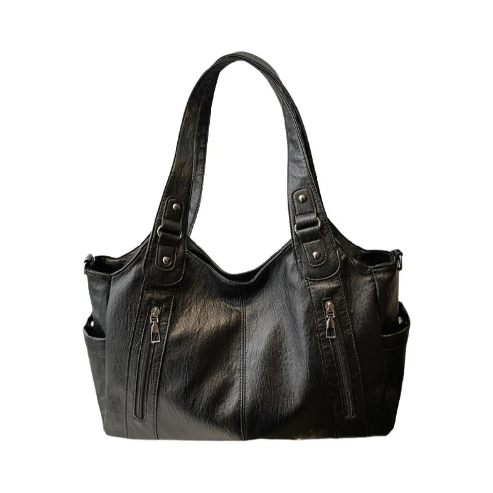 

Trendy Retro PU Shoulder Bag Locomotive Style Large Capacity Commuting Handbag Waterproof Soft Underarm Tote Bag Daily
