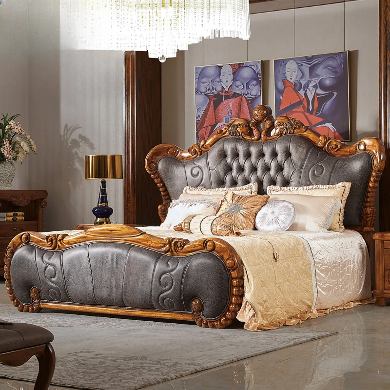 

Solid wood, ebony, luxurious carved villa, top layer leather double bed