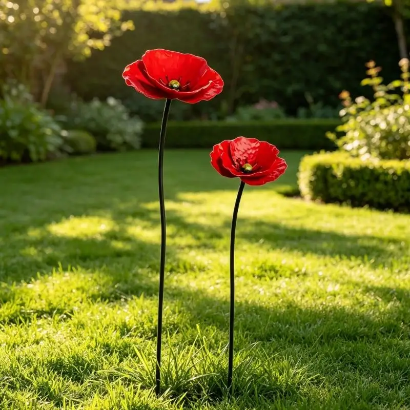 Metal Flower Garden Stake Red Yard Piece for Lawn and Outdoor Display, Bird Feeder Theme Soil Stake for Garden Entry B03E