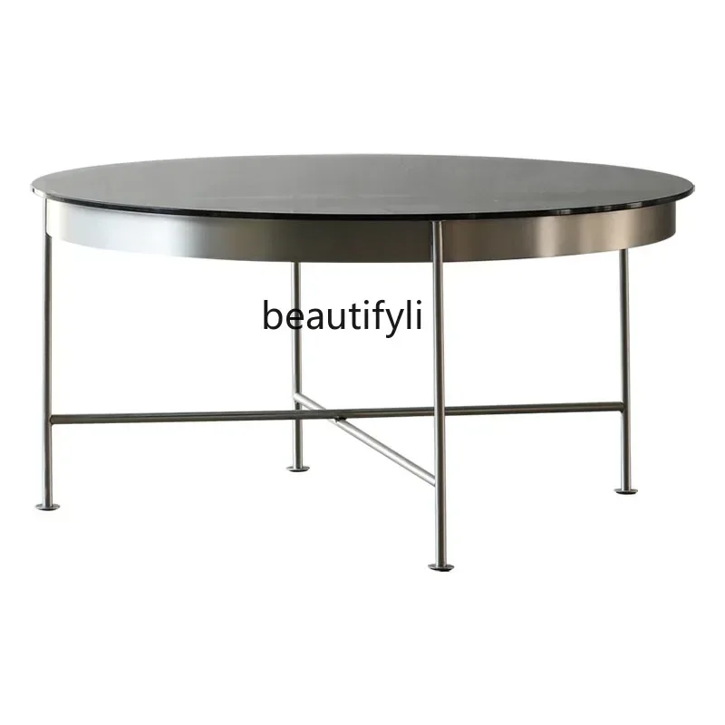

4yj15Nordic Light Luxury round Simple Modern Stainless Steel Tempered Glass Coffee Table Living Room Household Combination furni