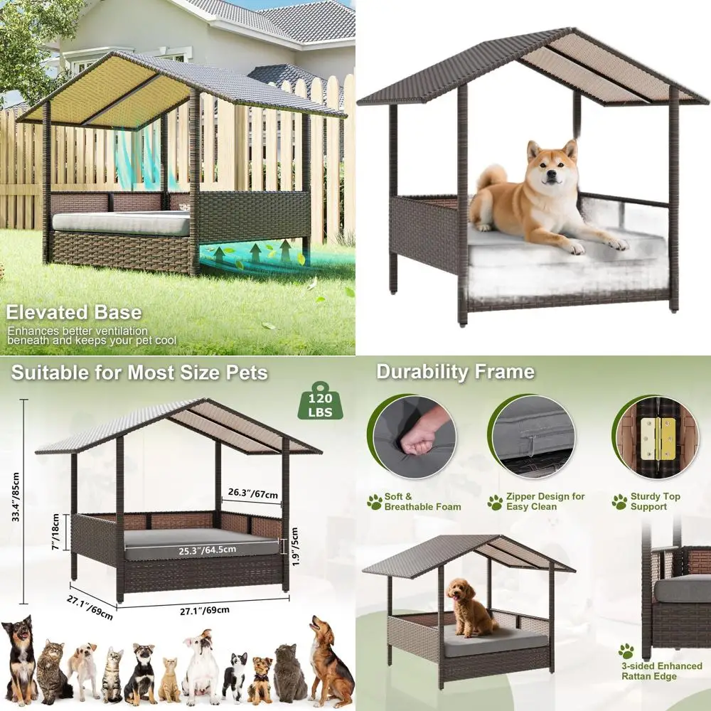 

Elevated Rattan Dog House with Removable Cushion for Outdoor and Indoor Use, Suitable for Small/Medium Dogs, Weatherproof Cushio