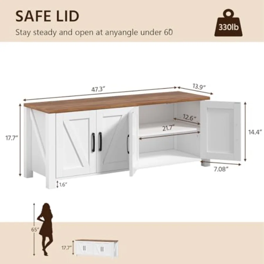 47.3 Shoe Storage Bench for Entryway, Farmhouse Style Wood Bench in White with Adjustable Shelves and 4 Doors